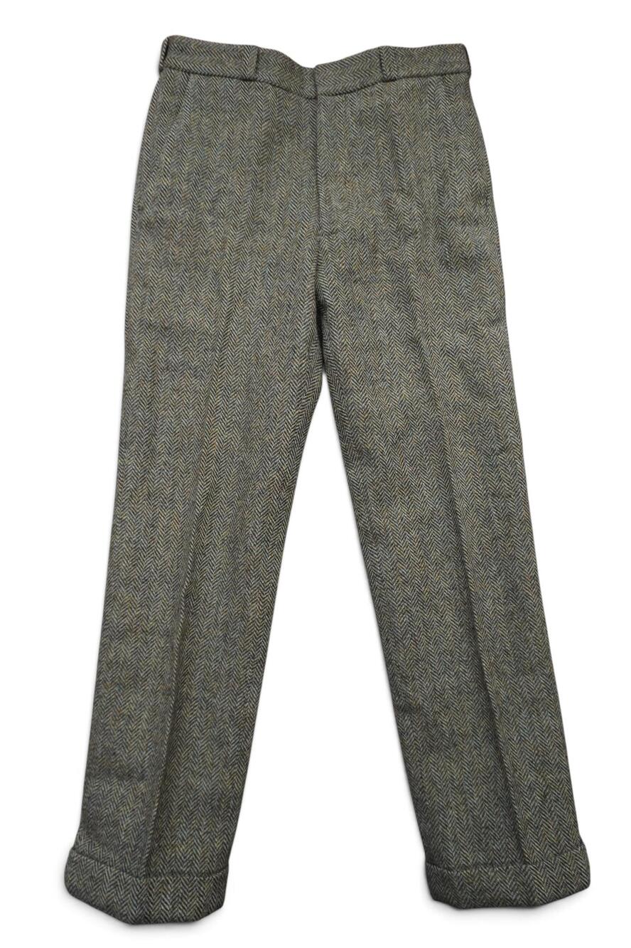 Harris Tweed Pants Mens 30x28 Gray Wool Herringbone Cuffed Suspender Buttons